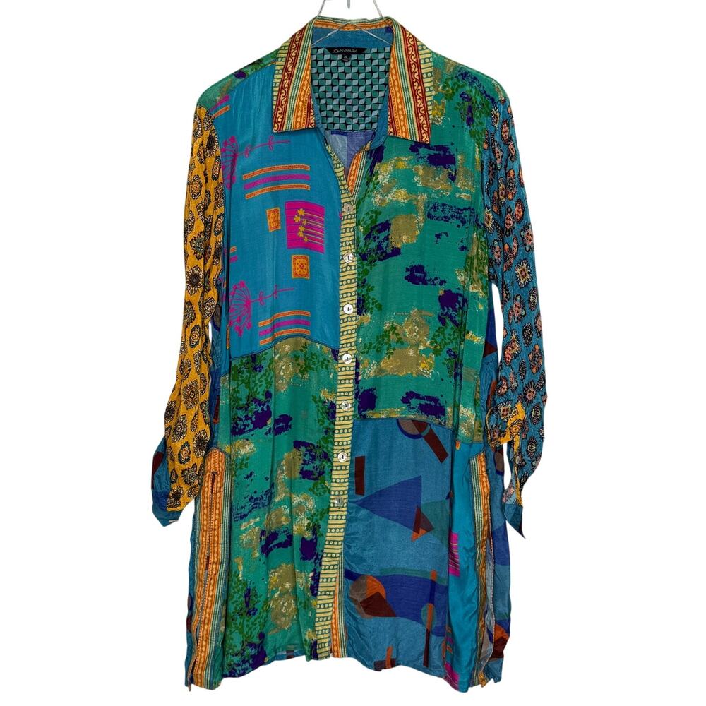 John Mark Boho Chic Patchwork Button Down Tunic Shirt XL Art to Wear Maximalist